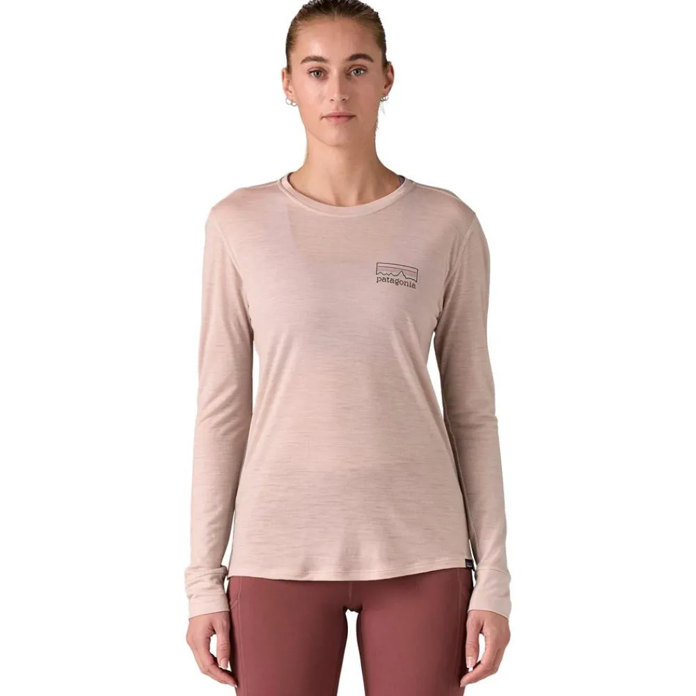 Sale Tee-shirt de rando W's Long-Sleeved Capilene Cool Merino Graphic Shirt Fitz Roy Strata Shroom Taupe Tee Shirt|T-Shirt Randonnée